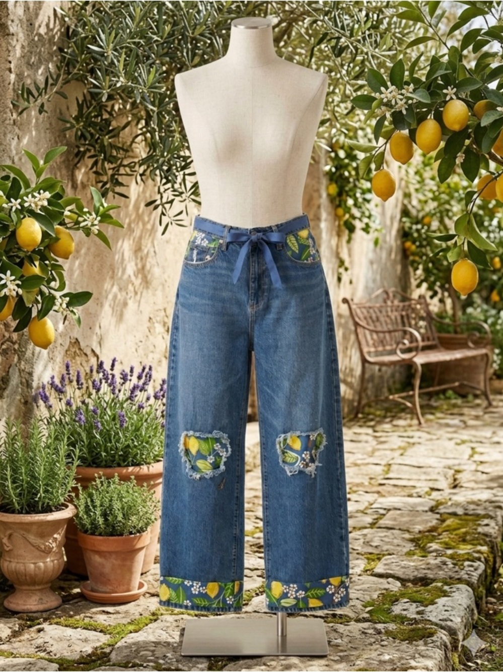 Women’s Blue Lemon Print Wide Leg Upcycled Jeans OOAK Handmade RARE Couture